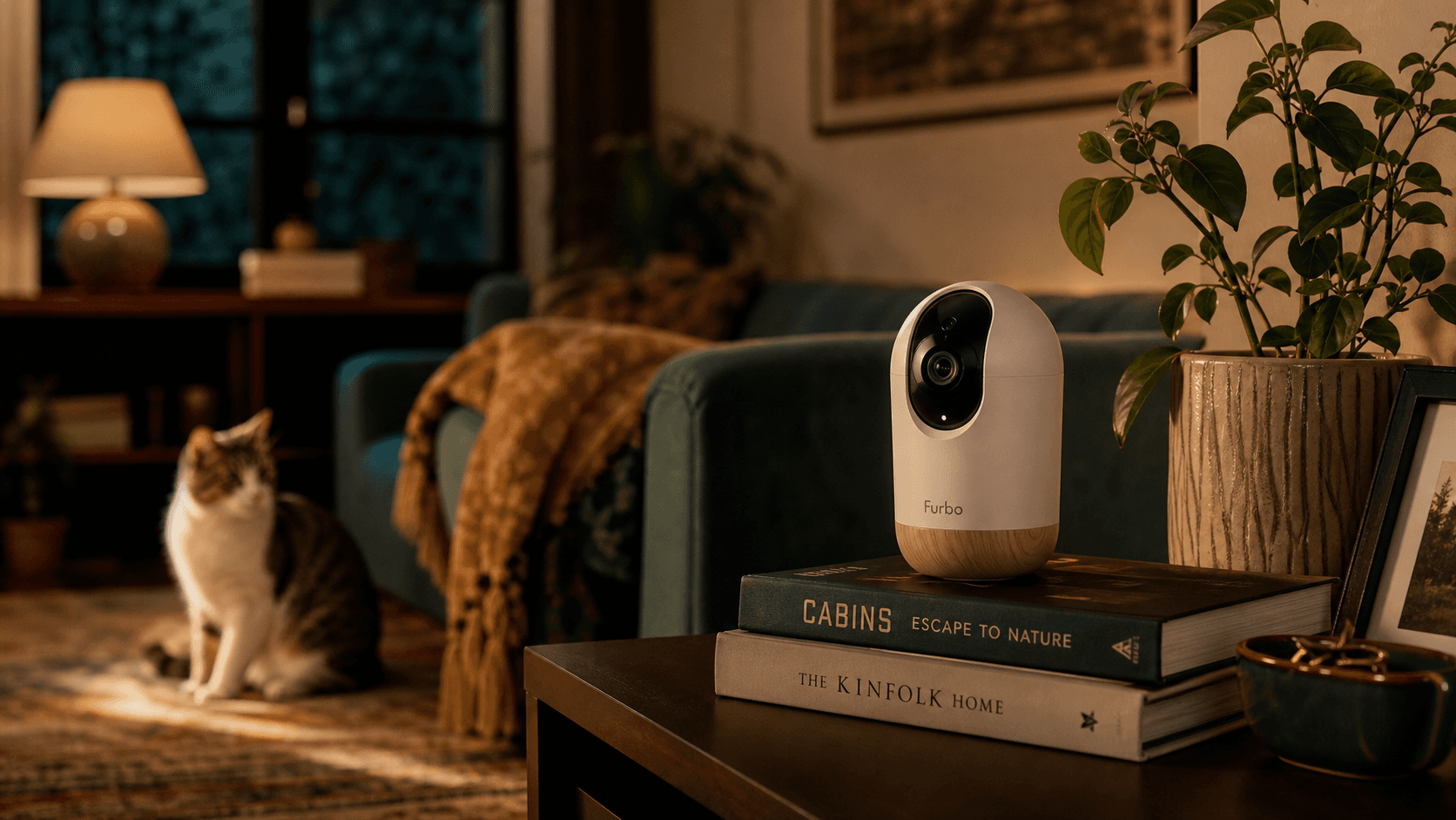 Pet camera staged like a premium magazine feature photo
